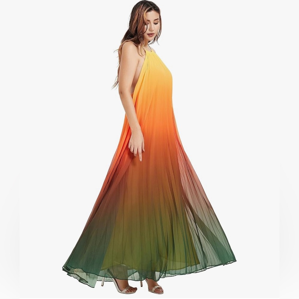 Halter Pleated Ombre Maxi Dress in Yellow, Orange & Green - Picture 2 of 4